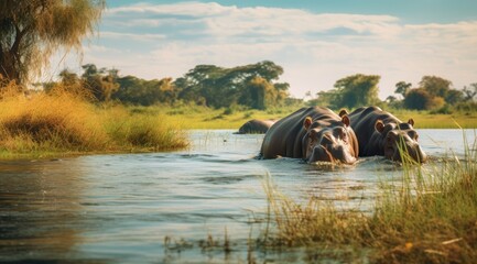 Shot of group of hippos in the water - obrazy, fototapety, plakaty