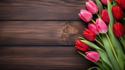 Red tulips and springtime decorations on rustic wood.
