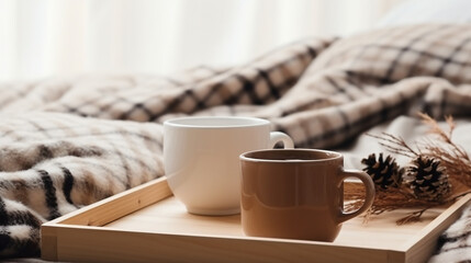 Wooden tray with coffee and warm plaid on white bed - obrazy, fototapety, plakaty