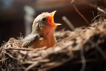 Young bird in nest with open mouth waiting to be fed.