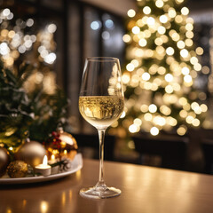 Glasses of champagne and Christmas decor on table against blurred background