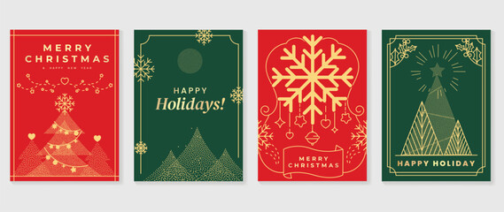 Naklejka premium Luxury christmas invitation card art deco design vector. Christmas tree, bauble ball, snowflake spot and line art on green and red background. Design illustration for cover, poster, wallpaper.