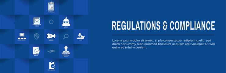 Regulations and Compliance Web Header Banner with Icon Set  - Governmental and Approval Stamp