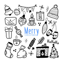 Christmas and New Year elements. Hand drawn doodle style. Isolated images on white background.