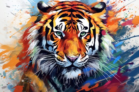 Vibrant and bright and colorful tiger animal portrait poster. AI generated