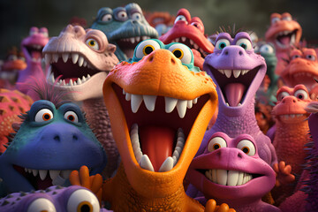 cute funny dinosaurs 3D render - obrazy, fototapety, plakaty