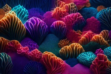 Deep-sea abstraction with vibrant vector elements resembling an otherworldly coral garden, the interplay of abstract shapes and sandy textures creating an atmosphere of tranquility and enigma