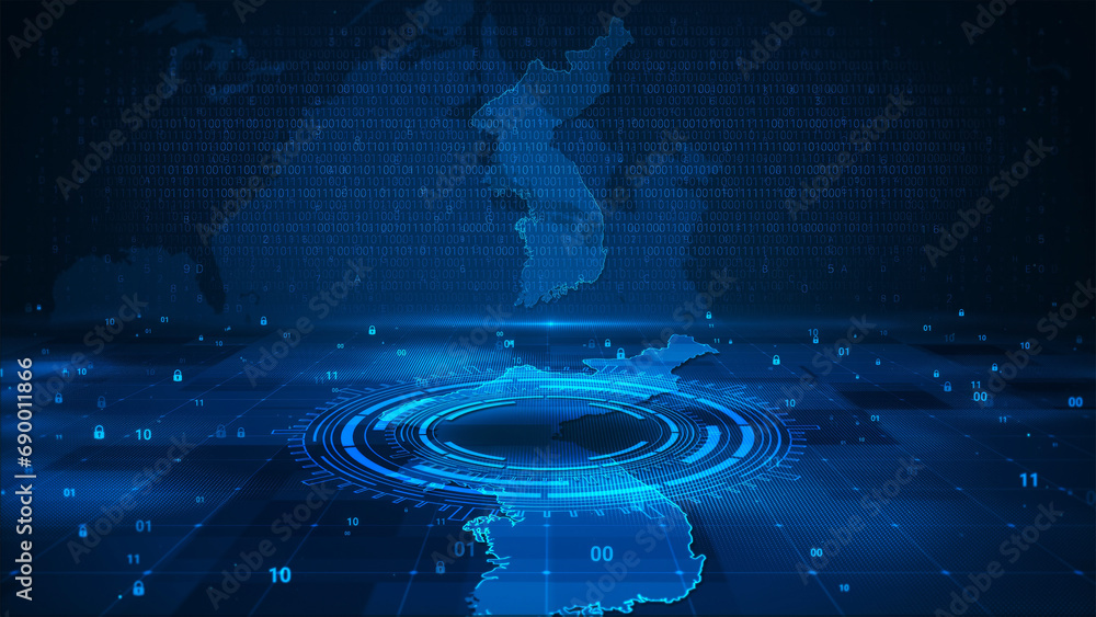 Wall mural digital technology security numbers circle background on korea map hud