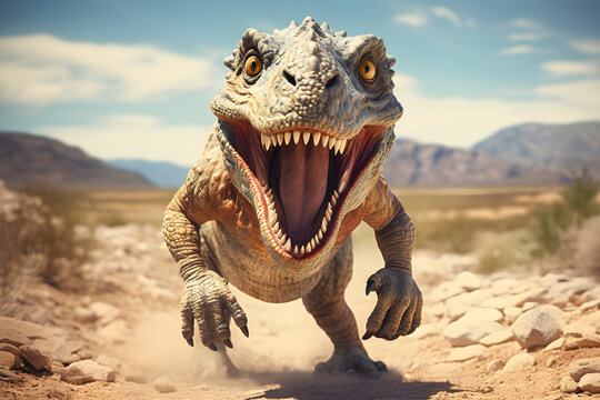 tyrannosaurus dinosaur in the desert 3d render © sam
