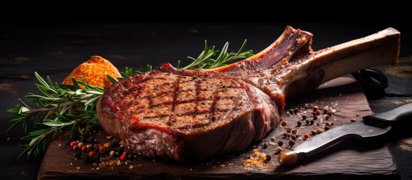 Square image of bone-in tomahawk steak with seasoning on slate cutting board on wooden table.