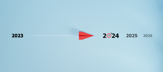 red plane is heading to 2024 target. business creativity new idea discovery innovation technology. new year idea concept.