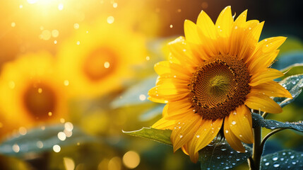 Naklejka premium Sunflower with water drops on the petals. Sunflower natural background.