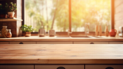 Empty wooden table and blurred kitchen interior background, product display montage
