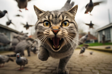 funny portrait of cat running through flock of pigeons