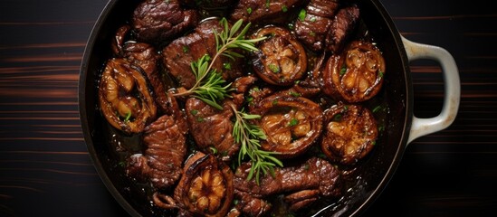 Top view of Filipino angus bistek steak with onion rings in soy sauce, served in a cast-iron casserole.