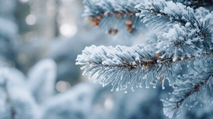 Pine branches covered with hoarfrost and snow in winter forest
