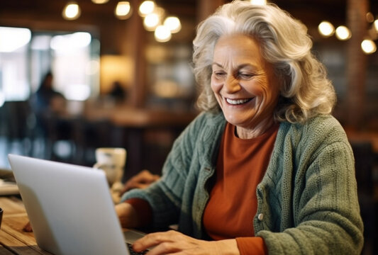 Attractive mature caucasian woman sitting in front of a laptop smiling