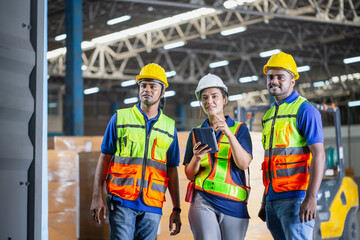 Workers team taking inventory in factory warehouse, Warehouse worker team checking containers box, Foreman workers working in warehouse talking about job