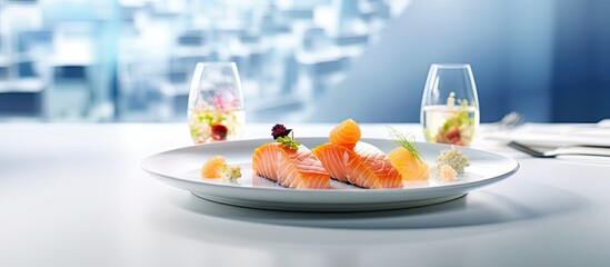 In a luxurious restaurant situated by the sea, the background of tranquil waves complemented the fresh and healthy food served on plates, such as the delectable salmon cooked to perfection with a