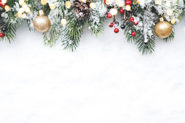 Fototapeta na wymiar Christmas fir tree with decoration on snow background, flat lay