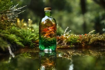 blue bottle of water in a forest river