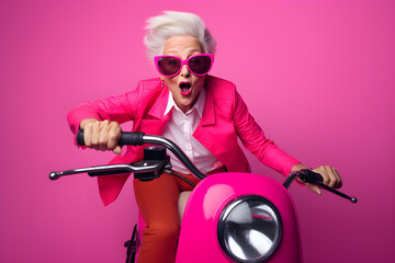 funny studio portrait of senior woman wearing sunglasses