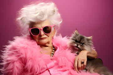 funny studio portrait of senior woman wearing sunglasses