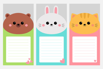 Planner, to do list set. Cute cartoon kawaii cat kitten, bunny, rabbit, bear. Template for notebooks, schedule, planners, checklists, cards, stationery, notepad sheet. Flat design. Baby background.