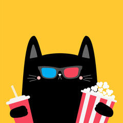 Cat holding popcorn, soda glass. Cute cartoon funny character. Black kitty. Cinema theater. 3d glasses. Film show. Kitten watching movie. Yellow background. Flat design