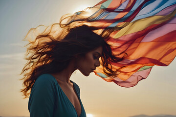 Amazing Silhouette of a Young Woman with a LGBTQ Sheer Scarf Catching the Wind at the Golden Hour Generative AI - obrazy, fototapety, plakaty