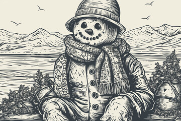 arthouse, scary scary snowman, gloomy horrible, disgusting drawing of a snowman. The creative illustration is a parody, fantasy, not real. Christmas New Year holiday - obrazy, fototapety, plakaty