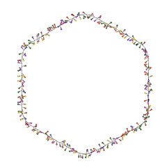 Hexagonal string lights with a transparent frame, featuring sparkling, multicolored bulbs. Ideal for Christmas, New Year&rsquo;s, weddings, or birthdays. A festive party decor element. PNG format.