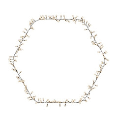 Hexagonal string lights set against a clear backdrop, emitting a warm, yellow glow with twinkles. Ideal for festive occasions like Christmas, New Year’s, weddings, or birthdays. PNG format.