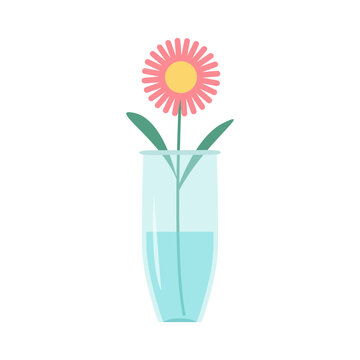 Flower set in vase . Glass vases with blue water. Cute colorful icon collection. Pink daisy gerbera flowers. Ceramic Pottery Glass decoration. White background. Flat design.