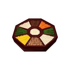 Gujeolpan an elaborate Korean dish consisting of nine different foods assorted on a wooden plate. Korean royal court cuisine