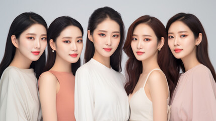 Obraz premium Five Young asian girls with perfect skin on grey background. Female Skin care editorial. Asian beauty portrait. 