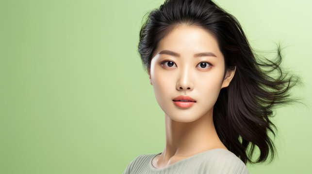 Young asian girl with perfect skin on green background. Female Skin care editorial. Asian beauty portrait. 