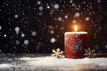 Christmas Candle with a Blanket of Snow Creating a Cozy Atmosphere with Ample Copy Space for Your Holiday Messages