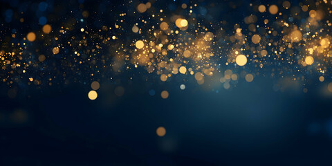 Abstract Background in Dark Blue and Gold Particles, Evoking a New Year and Christmas Ambiance with Glistening Stars and Sparkling. Golden Light Shines in Bokeh Fashion against a Navy Background
