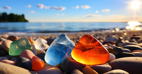 multiple colored seaglass pieces at sunny beach