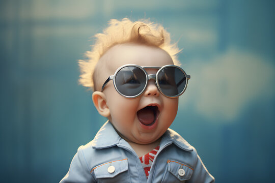funny studio portrait of baby wearing sunglasses