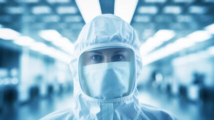 Fototapeta na wymiar copy space, stockphoto, portrait of a technician in spacial clothing in a semiconductor production clean room. High tech technology. Semi conductor production plant. Clean room worker. Engineer portra