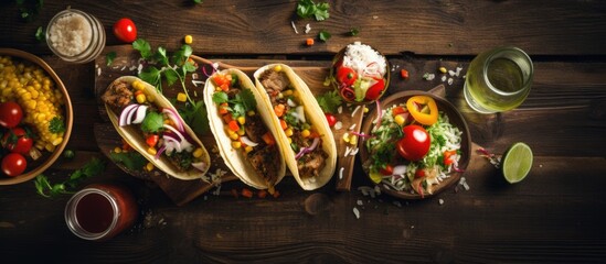 Tasty Mexican tacos and sauces served on a wooden table