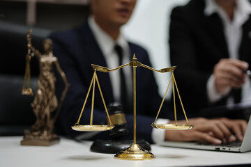 Judge gavel with Justice lawyers having team Concepts of Law and Legal services