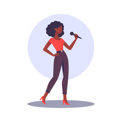 Singing black lady with a microphone flat design vector illustration.