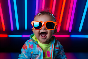 funny studio portrait of baby wearing sunglasses with glowing neon lights background - obrazy, fototapety, plakaty