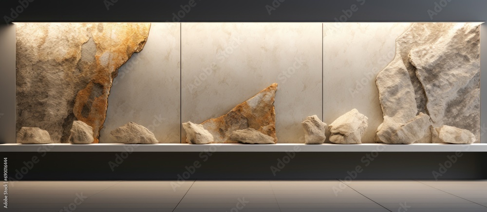 Poster rendered ai wall display with textured stone slabs and debris.