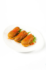 Sandwich with ham and red caviar on a white background