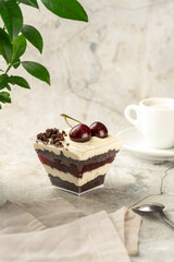 Sweet dessert is on the table. Raspberry dessert, cheesecake, trifle, mouse in a glass