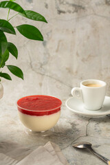 Sweet dessert is on the table. Raspberry dessert, cheesecake, trifle, mouse in a glass